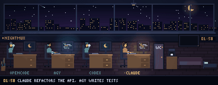The pixel-art office: claude hits its limit at 02:14, codex takes over, agy asks and gets a yes from the phone, claude comes back at 04:11